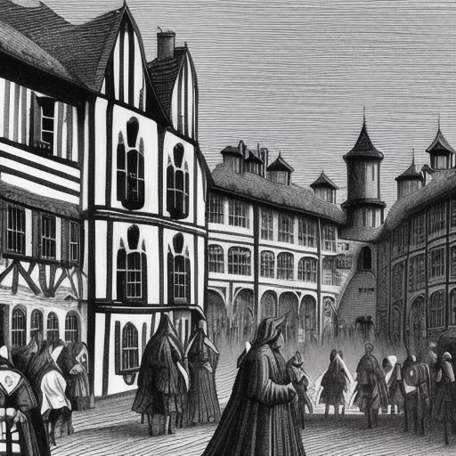 2412800833-medieval town, crowd, straight lines, mental hospital.webp